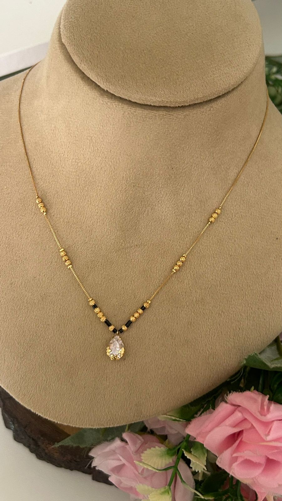 Dainty Gold Chain Necklace with Pear Cut White Crystal Charm