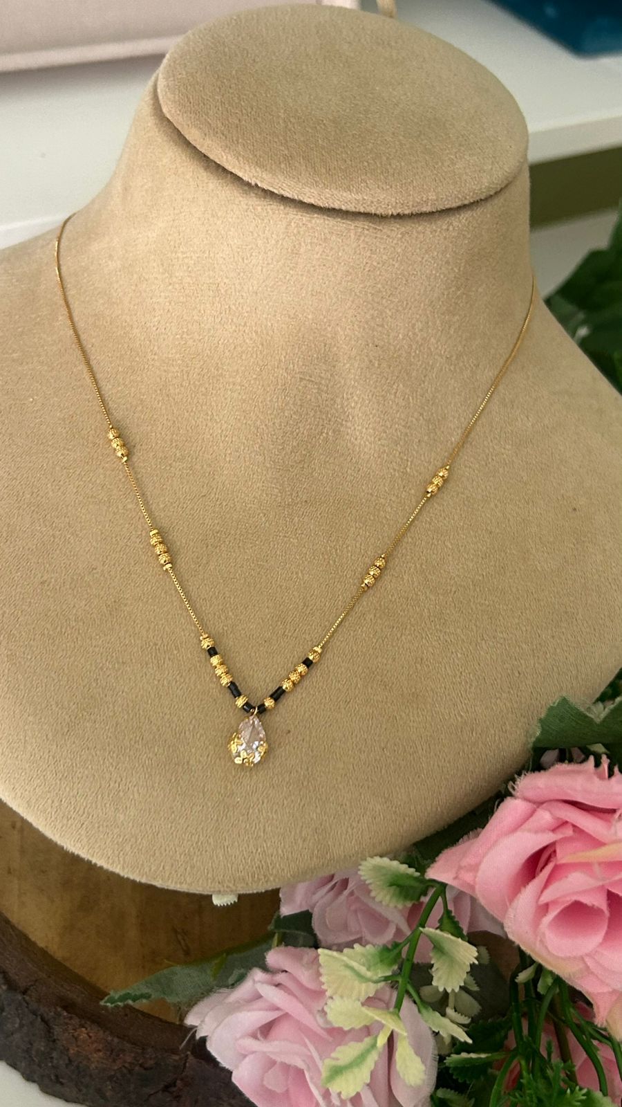 Dainty Gold Chain Necklace with Pear Cut White Crystal Charm