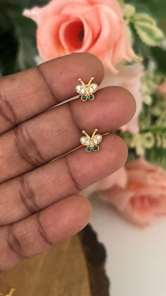 Mini Butterfly Stone Stud Earrings – Nose Pin Screw Back | Dainty Second Hole Studs