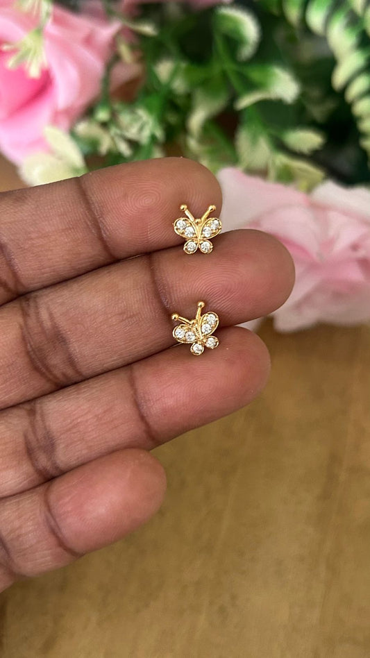 Mini Butterfly Stone Stud Earrings in white – Nose Pin Screw Back | Dainty Second Hole Studs