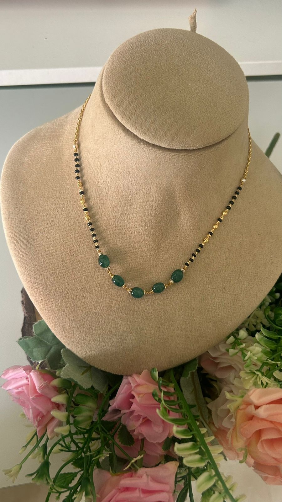 Green Strawberry Bead Mangalsutra, 16-17" Short Black Bead Chain ll Minimalist Mangalsutra with Central Green Strawberry Beads