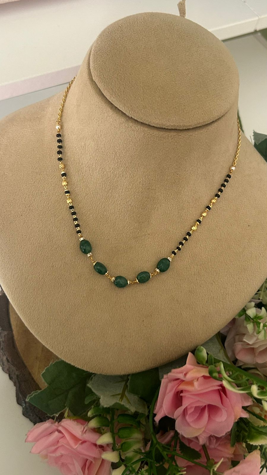 Green Strawberry Bead Mangalsutra, 16-17" Short Black Bead Chain ll Minimalist Mangalsutra with Central Green Strawberry Beads