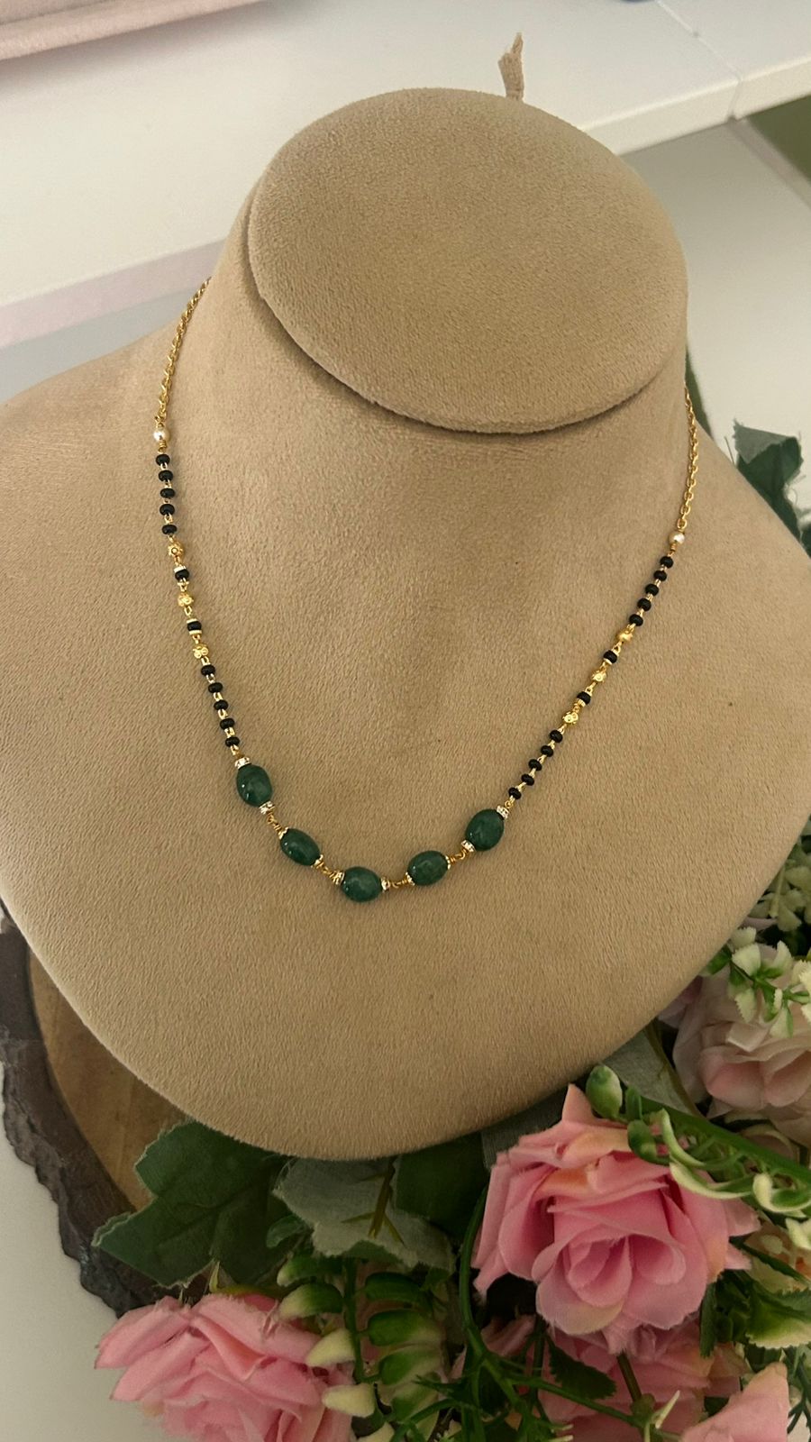 Green Strawberry Bead Mangalsutra, 16-17" Short Black Bead Chain ll Minimalist Mangalsutra with Central Green Strawberry Beads