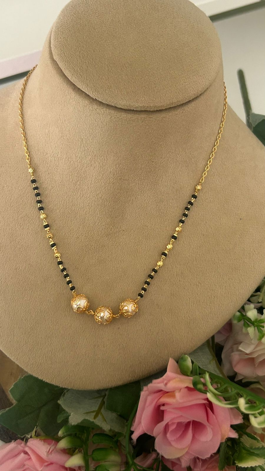 Premium Black Beads Necklace with Designer Gold Balls – 16–17 Inches