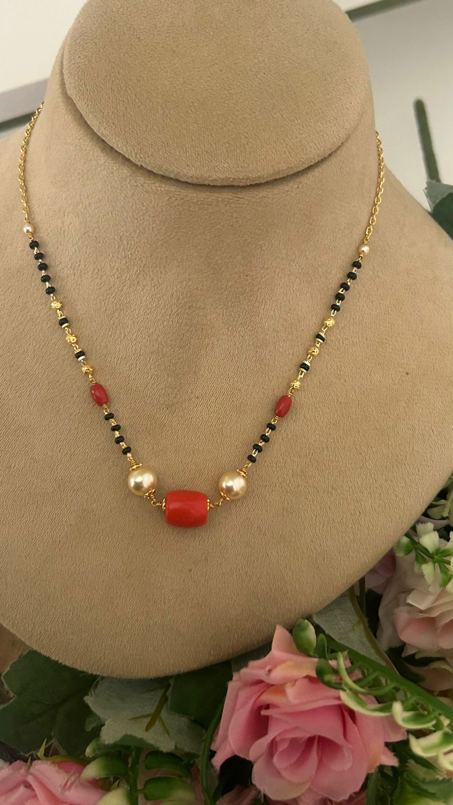 ✨ Traditional Black Beads Necklace with Coral Beads & swaroski pearls in  Gold Finish – 16–17 Inches