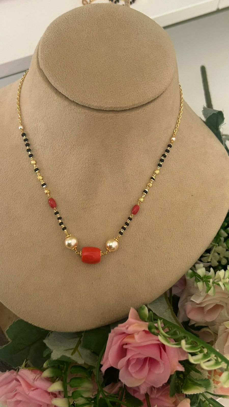 ✨ Traditional Black Beads Necklace with Coral Beads & swaroski pearls in  Gold Finish – 16–17 Inches