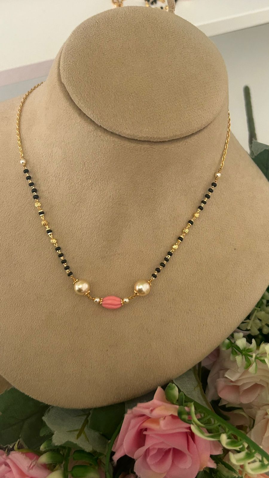 Elegant Black Beaded Mangalsutra with Pink tulip  Bead & Gold-Tone Accents