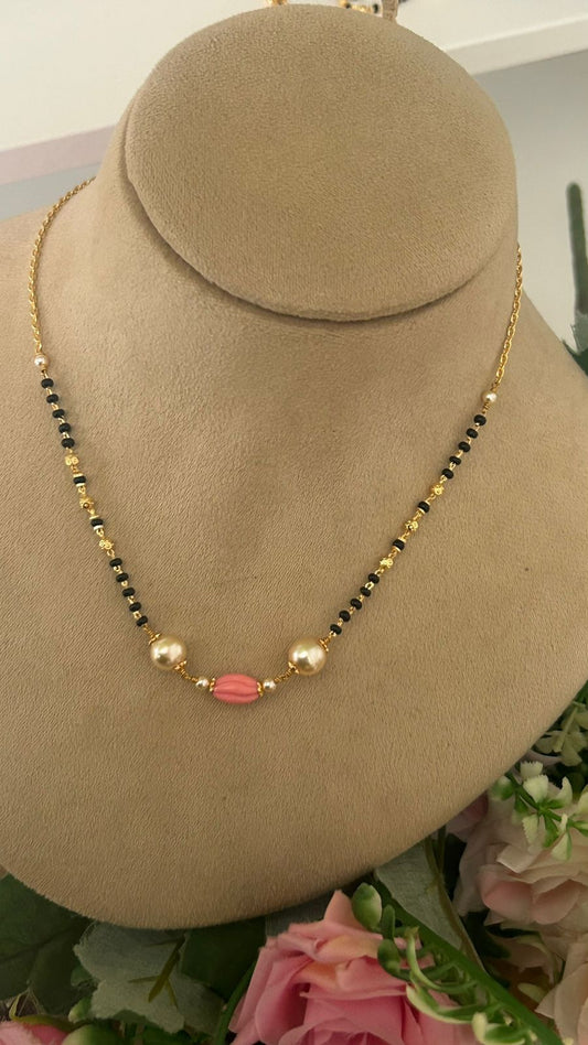Elegant Black Beaded Mangalsutra with Pink tulip  Bead & Gold-Tone Accents