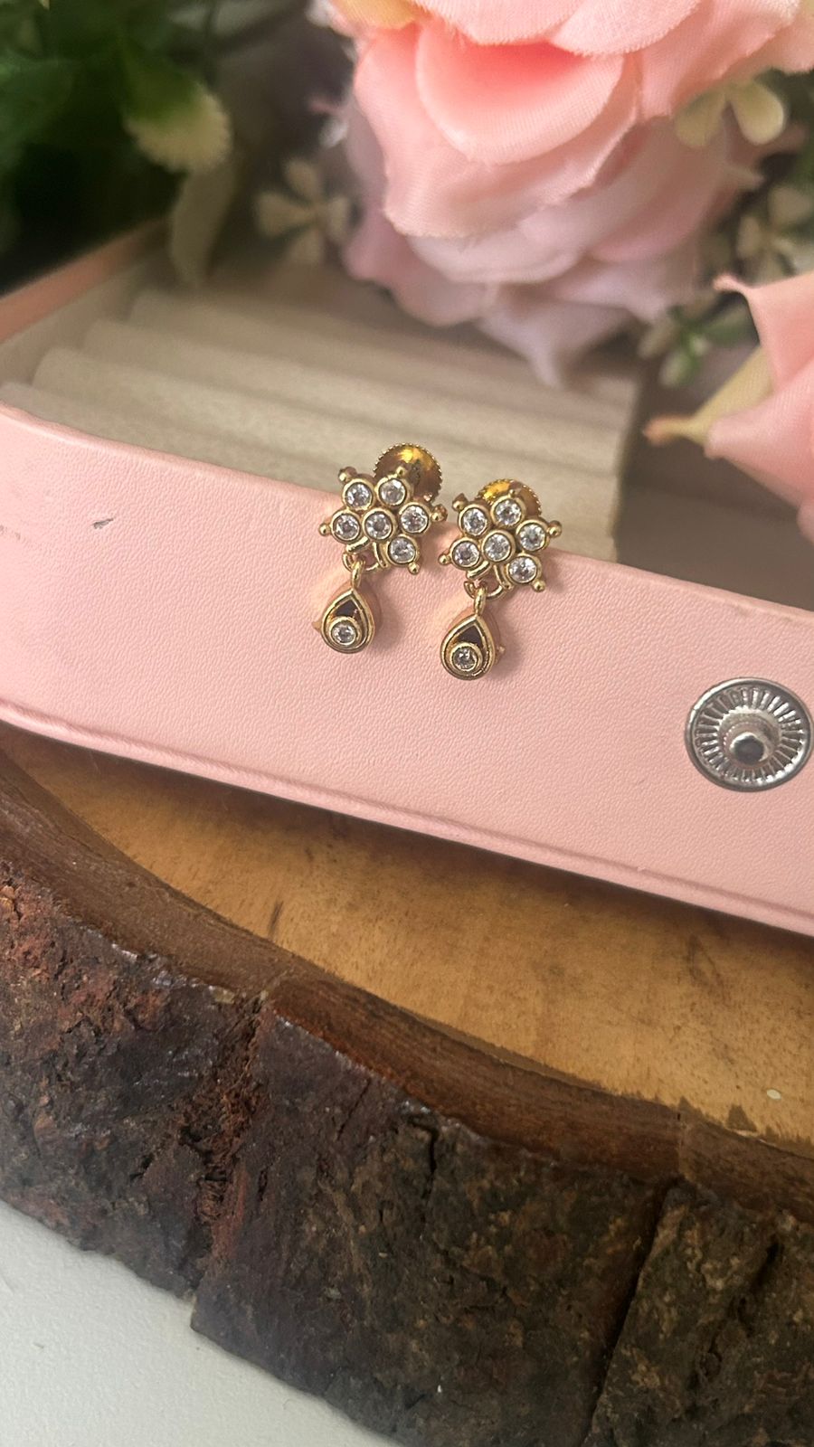 Gold Plated Floral Screw Back Stud Earrings with Drop Charm