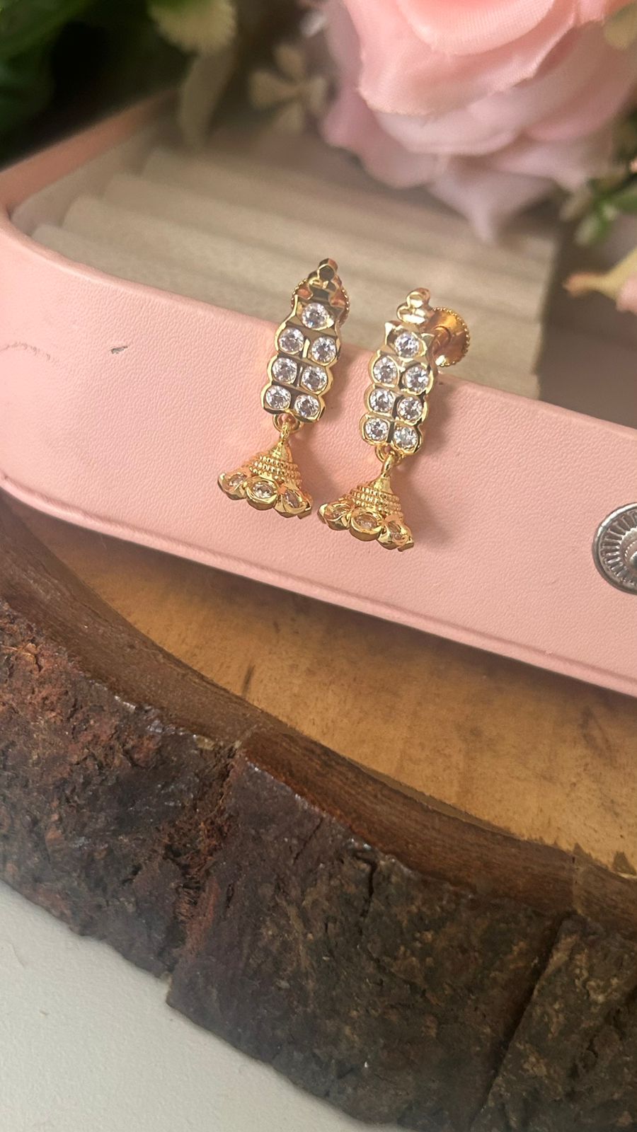 Panchaloham Gold Polished white Designer jumka Drop Stud Earrings