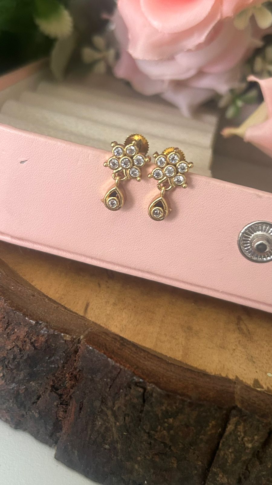 Gold Plated Floral Screw Back Stud Earrings with Drop Charm