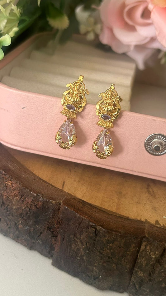 white Stone Lakshmi Drop Screwback Earrings with Gold Finish
