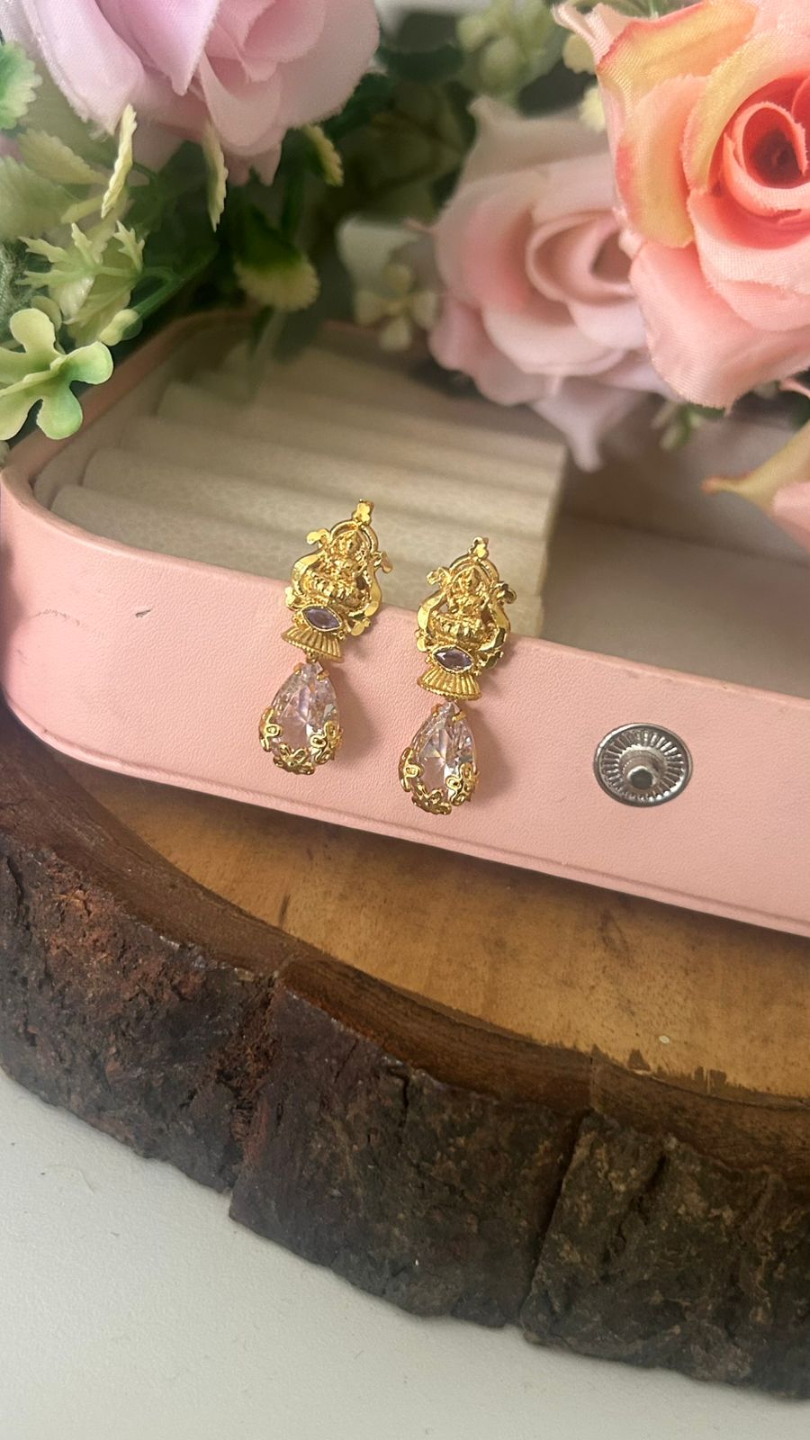 white Stone Lakshmi Drop Screwback Earrings with Gold Finish