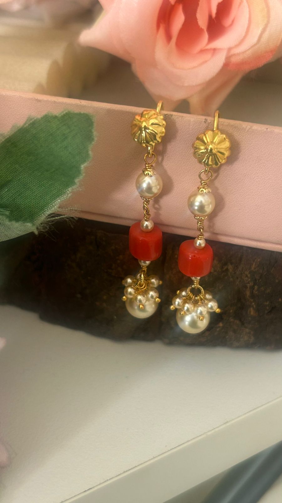 string earrings with swaroski  pearls and corals with plain hook