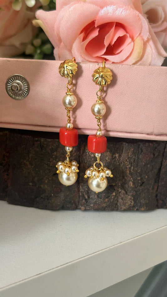 string earrings with swaroski  pearls and corals with plain hook
