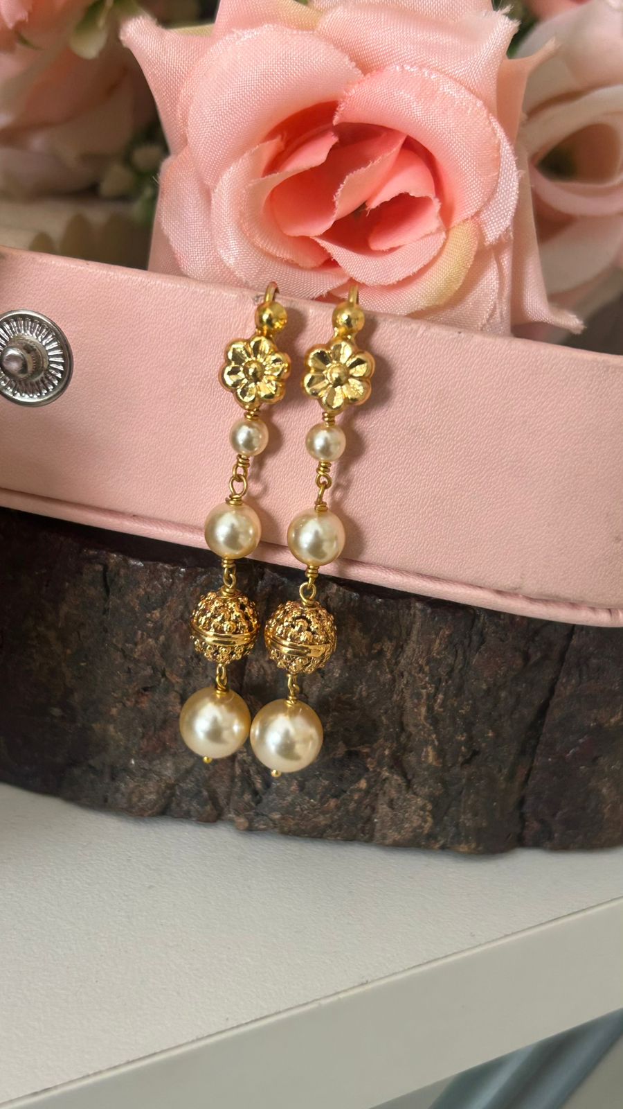 string earrings with swaroski pearls andnakshi ball with plain hook