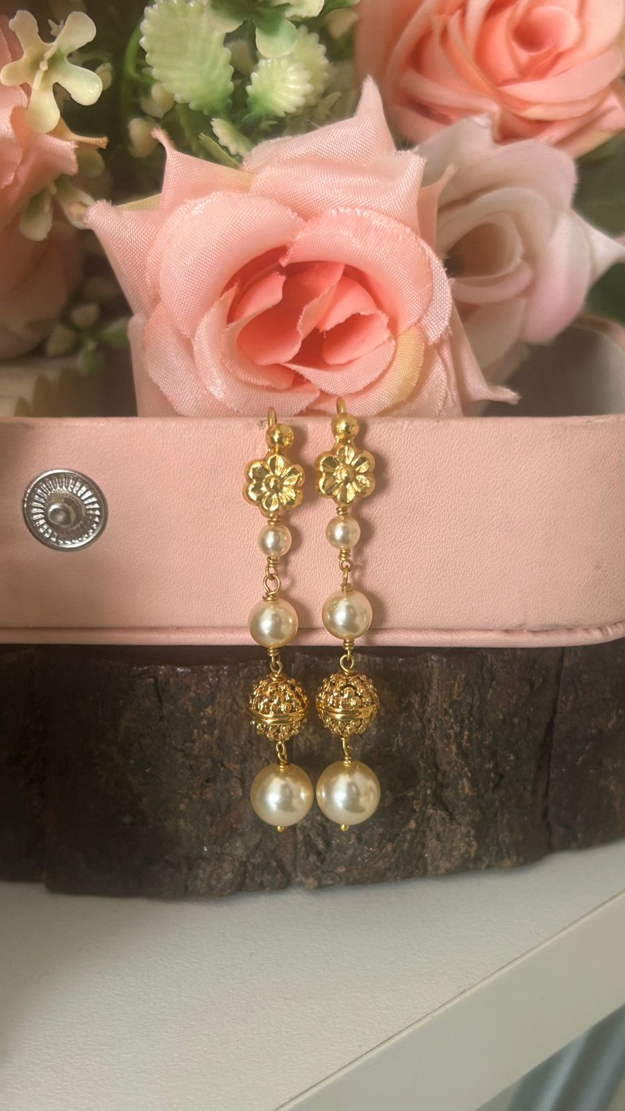 string earrings with swaroski pearls andnakshi ball with plain hook