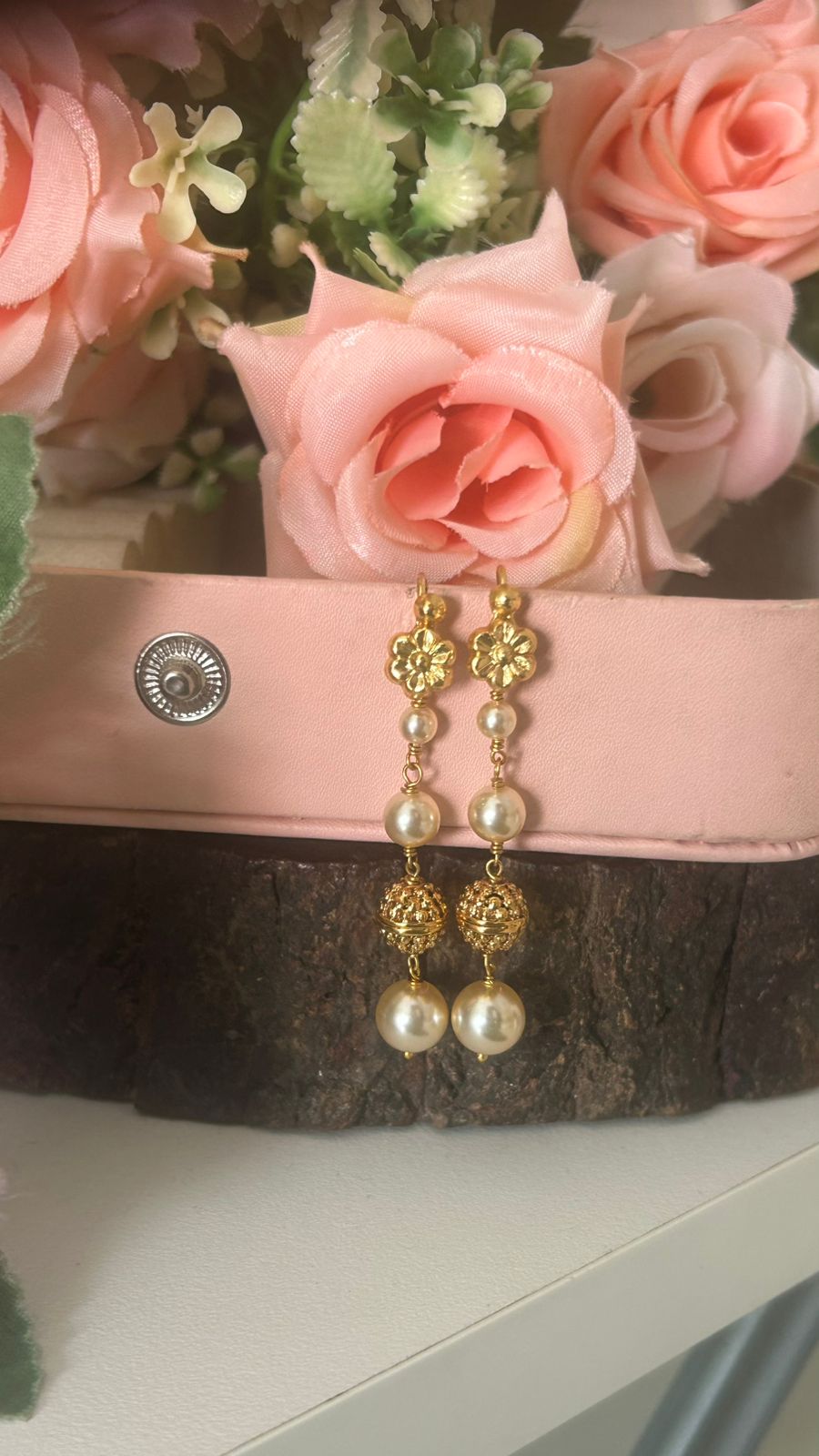 string earrings with swaroski pearls andnakshi ball with plain hook