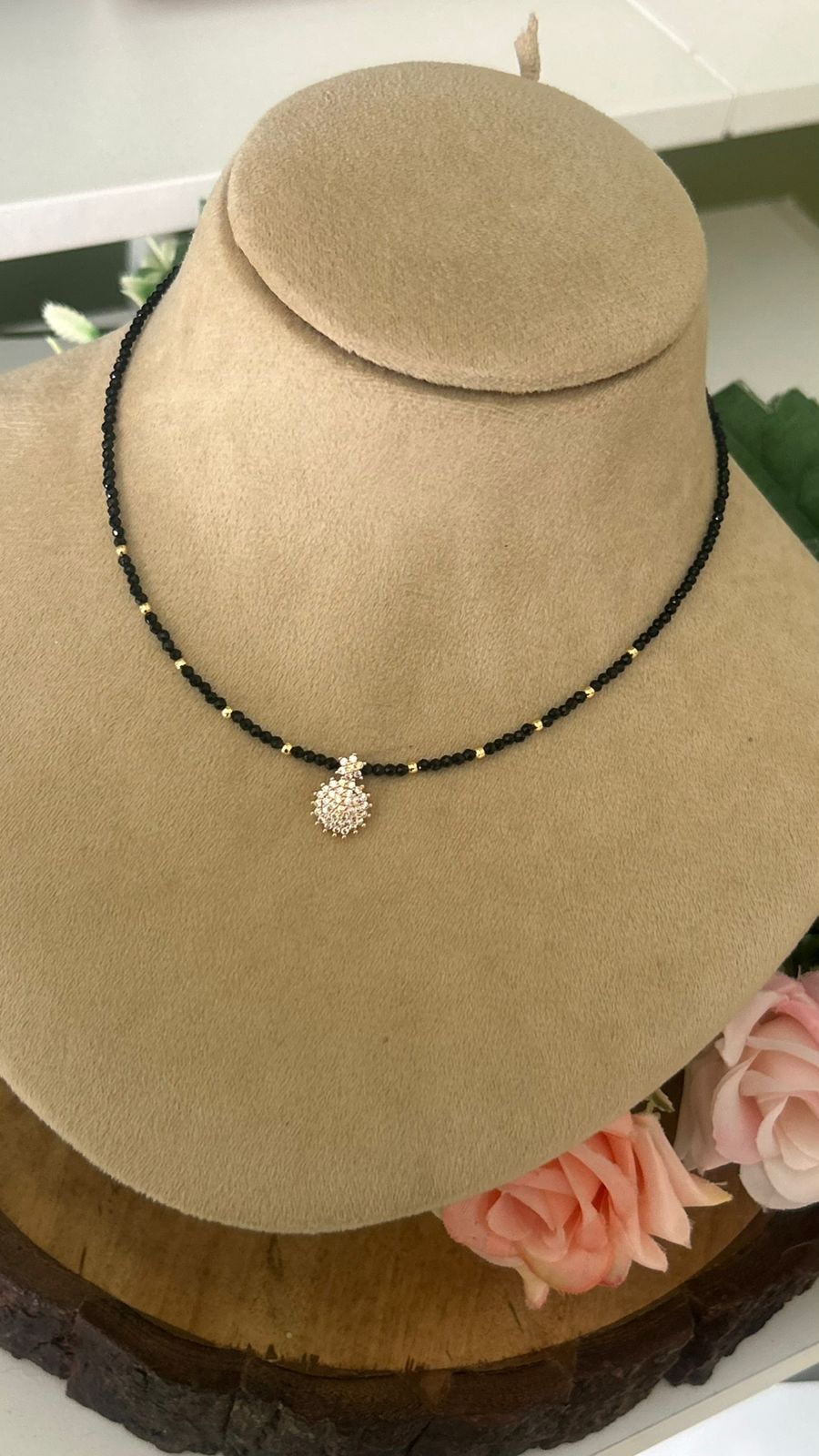 Black Beaded Mangalsutra with CZ Floral Pendant | Gold Accents Beaded Necklace in 15 to 16 inches