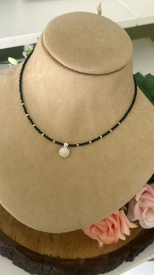 Black Beaded Mangalsutra with CZ Floral Pendant | Gold Accents Beaded Necklace in 15 to 16 inches