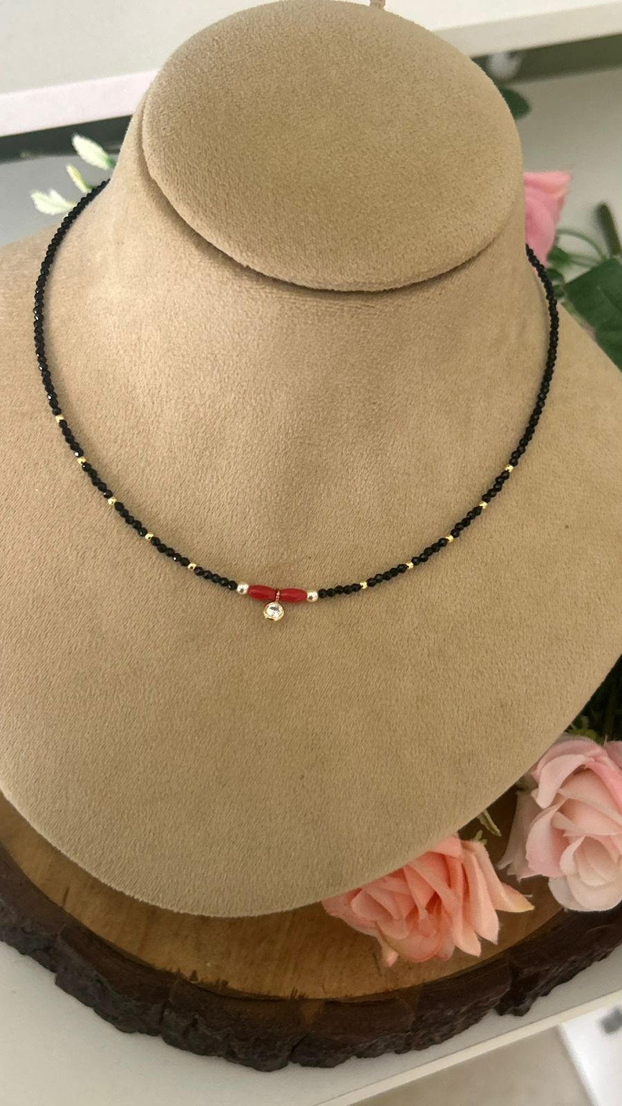 Black Beaded Mangalsutra with Red Coral & CZ Drop Pendant | Gold Bead Necklace in 15 to 16 inch