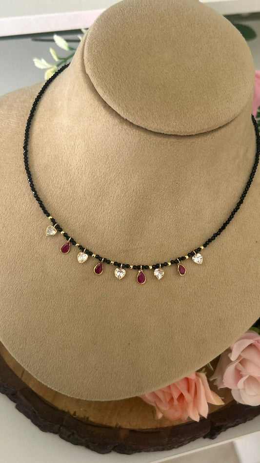 Traditional Black Beaded Mangalsutra with Ruby & white  polki Charms – 15–16 Inches
