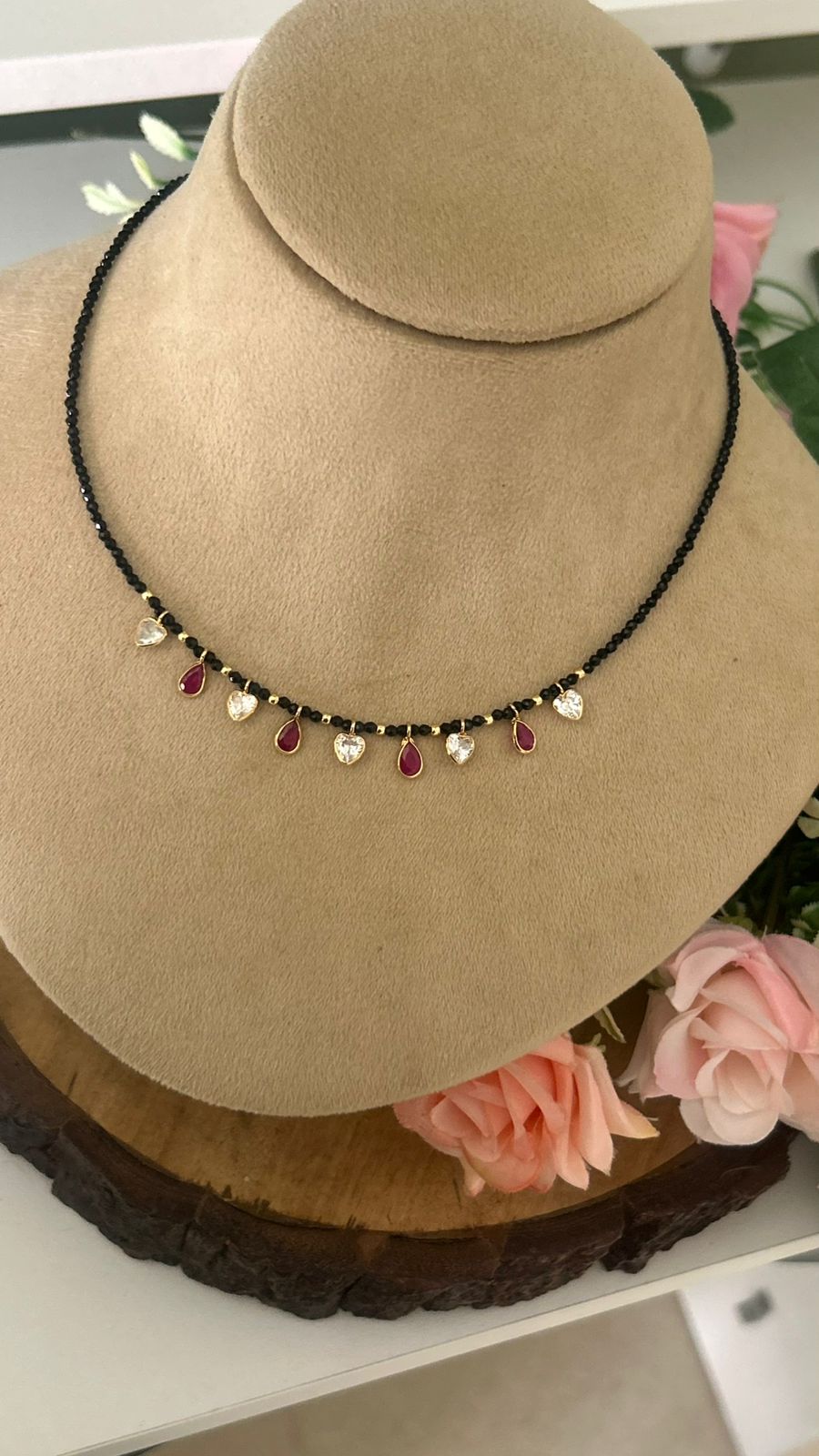 Traditional Black Beaded Mangalsutra with Ruby & white  polki Charms – 15–16 Inches