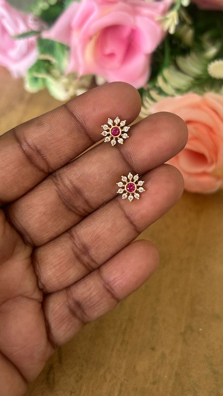 Mini Sunflower Ruby CZ Stud Earrings – Nose Pin Style