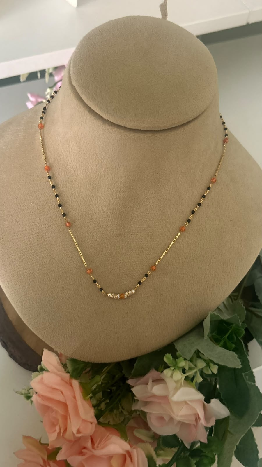Elegant 17 Inch Black Beads Mangalsutra with CZ, Orange Beads & Chakri Stone