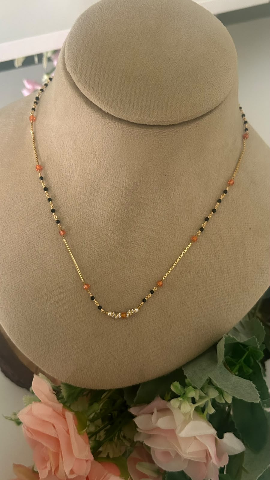 Elegant 17 Inch Black Beads Mangalsutra with CZ, Orange Beads & Chakri Stone