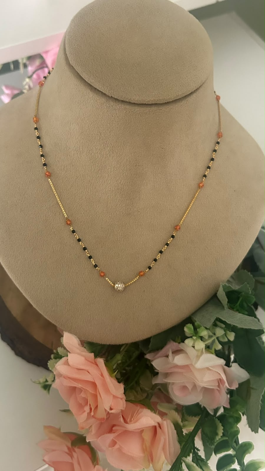 Designer Black Beads Chain with CZ, Orange Beads & Small AD Ball – 17 Inches