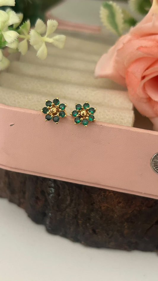 Panchaloham Gold Polish Sparkling Petal Stud Earrings in full green