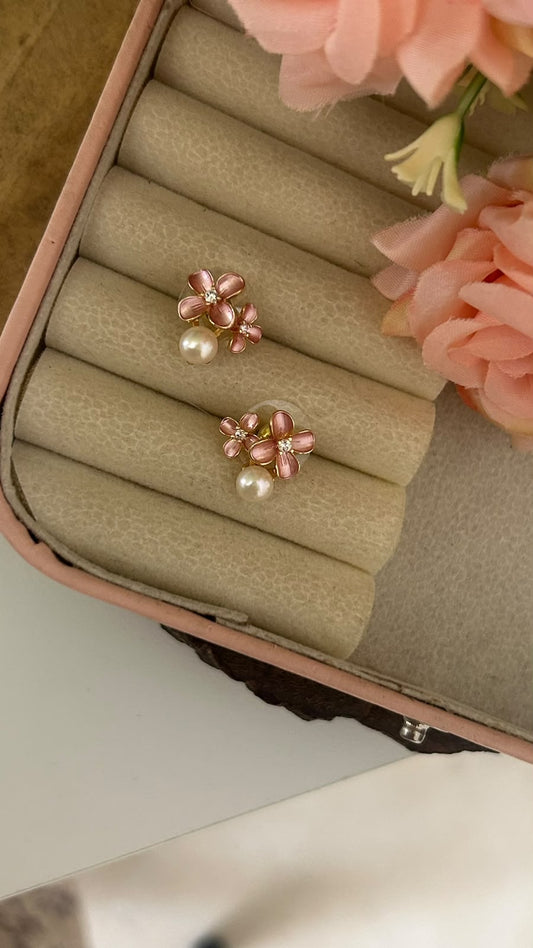 Pink Flower Dangle Stud Earrings for Women -PU Plated Original Pearl Floral Earrings
