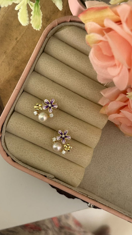Gold Plated Original Pearl Earrings with Purple Floral & Crystal Detailing – Elegant Women’s Earrings