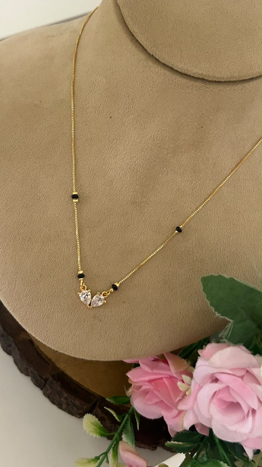 Minimal Black Beads Necklace with Sparkling CZ Pendant