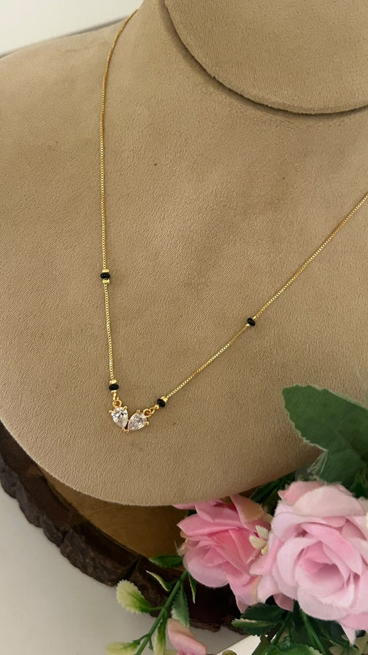 Minimal Black Beads Necklace with Sparkling CZ Pendant