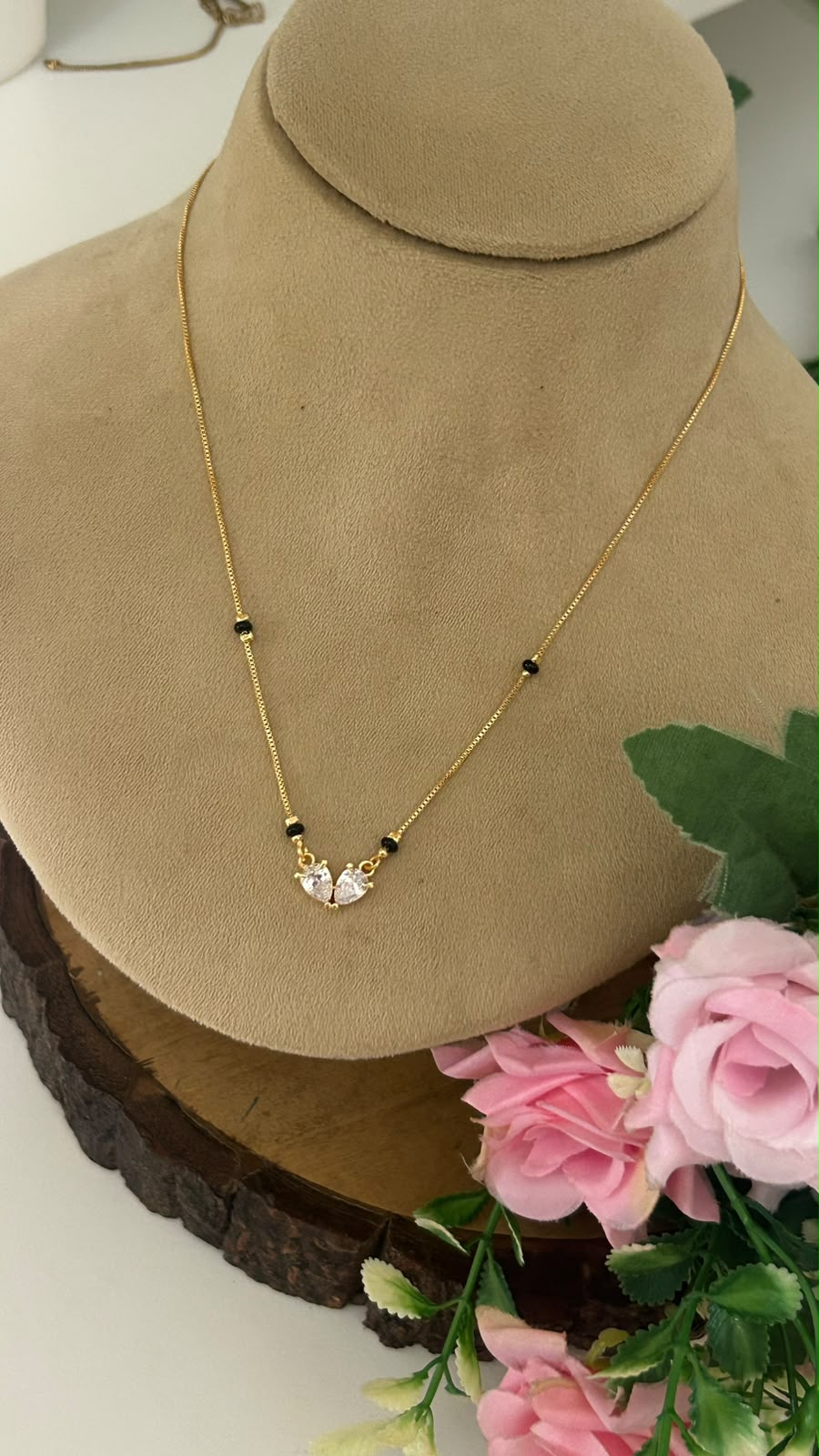 Minimal Black Beads Necklace with Sparkling CZ Pendant
