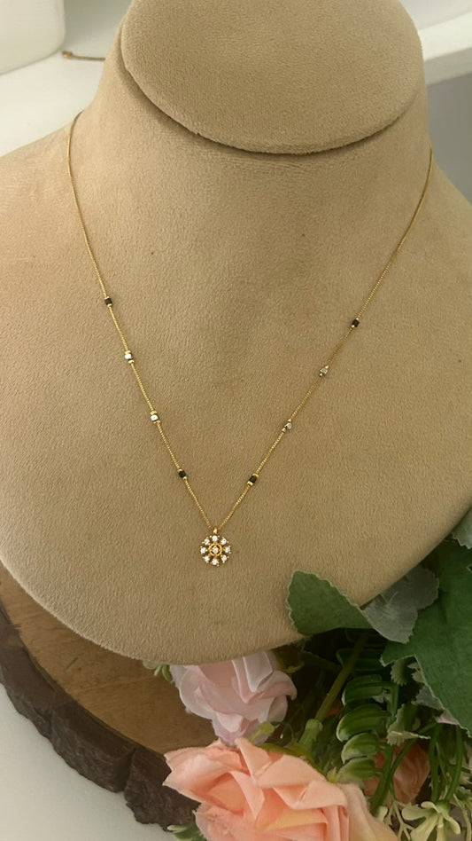 Black Beaded Mangalsutra Necklace with Gold & Silver Beads | Sleek Lightweight Chain with Floral Pendant
