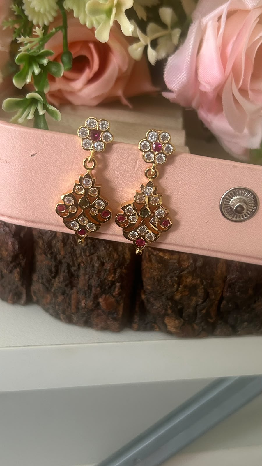 Panchaloham Polished Ruby Pink & CZ Designer Drop Earrings