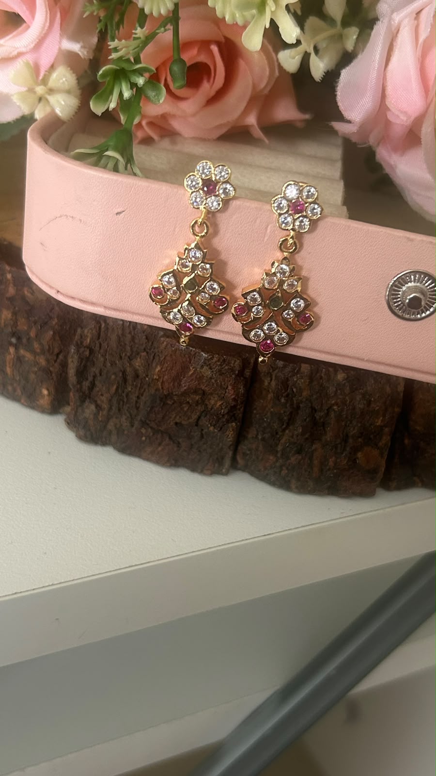 Panchaloham Polished Ruby Pink & CZ Designer Drop Earrings