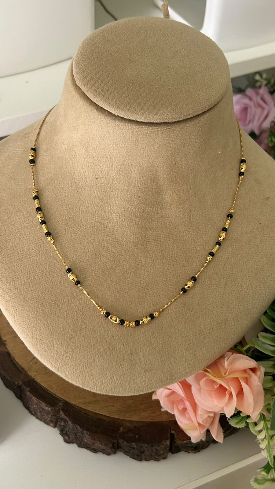 Modern Minimalist Black Beads Short Mangalsutra with Textured Gold Spacers