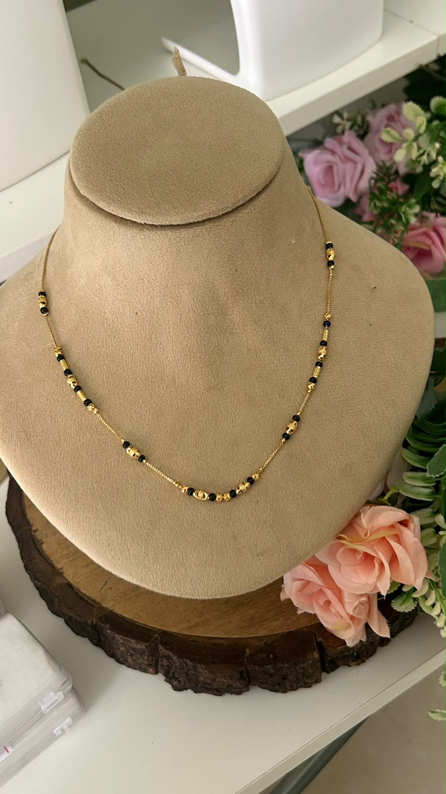 Modern Minimalist Black Beads Short Mangalsutra with Textured Gold Spacers