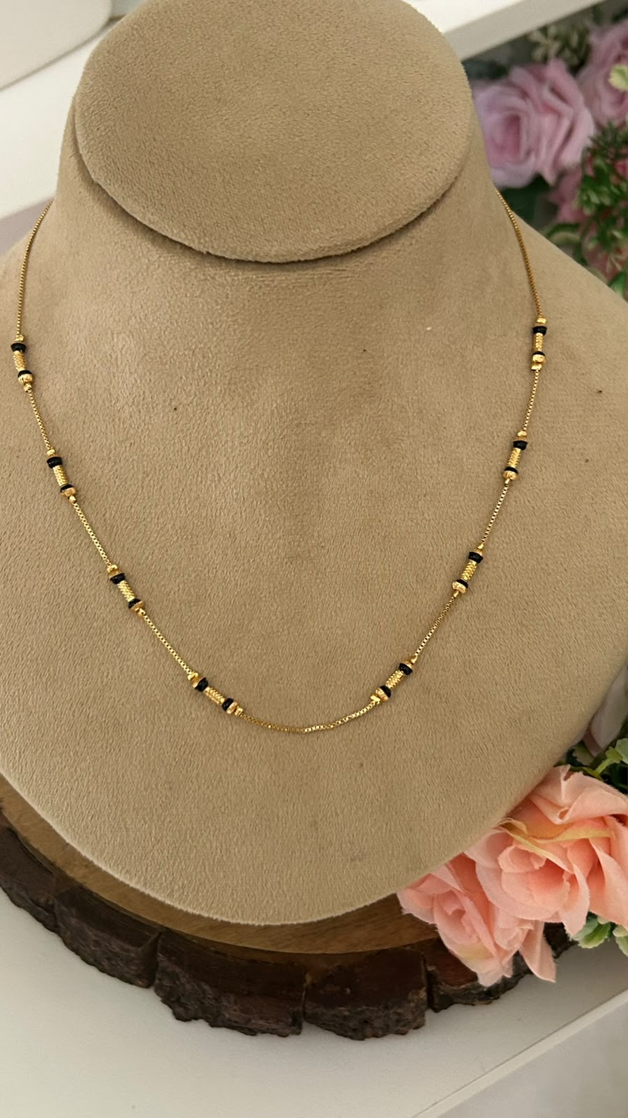 Modern Minimalist Black Beads Short Mangalsutra with Grooved Gold Spacers