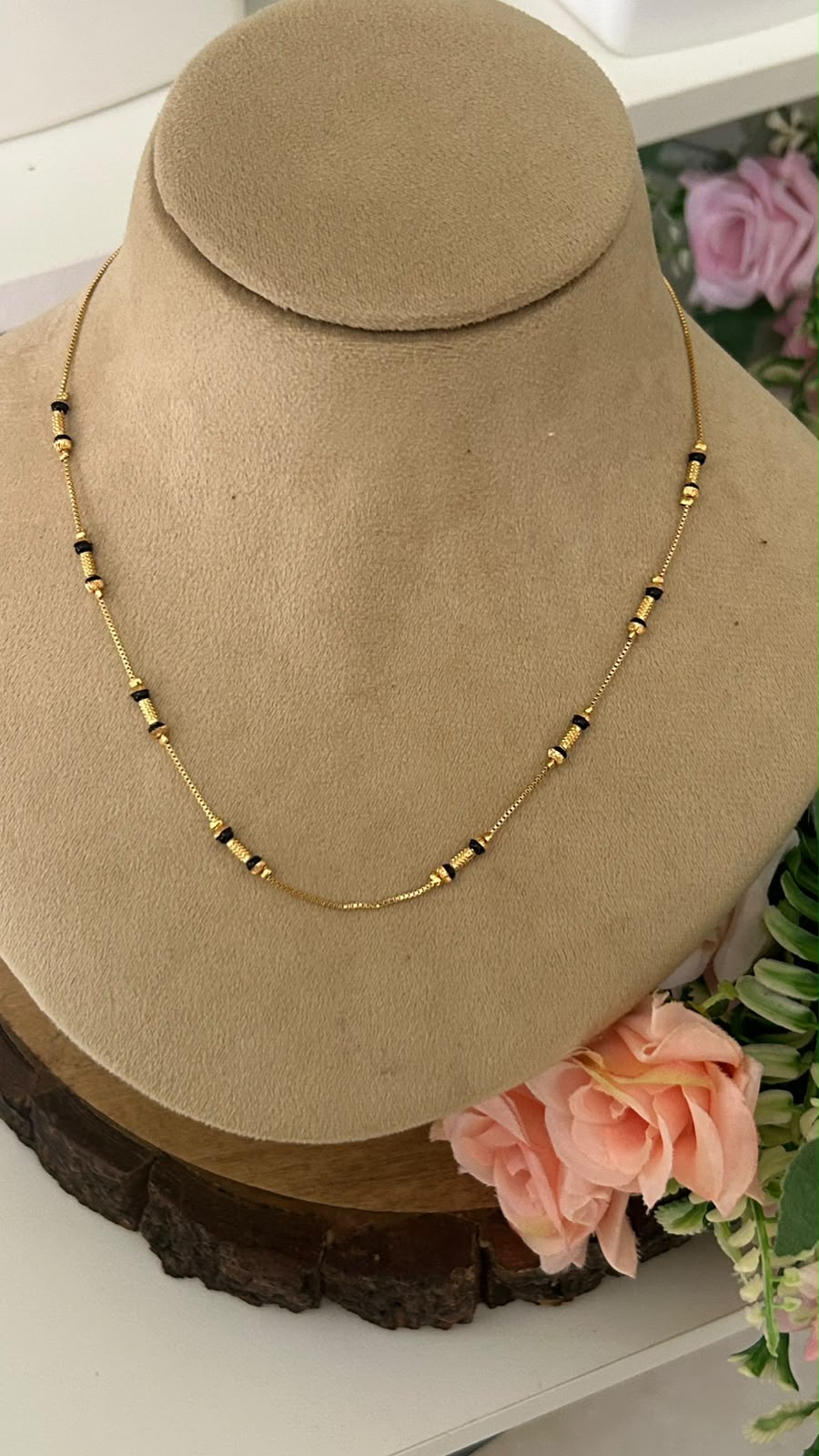 Modern Minimalist Black Beads Short Mangalsutra with Grooved Gold Spacers