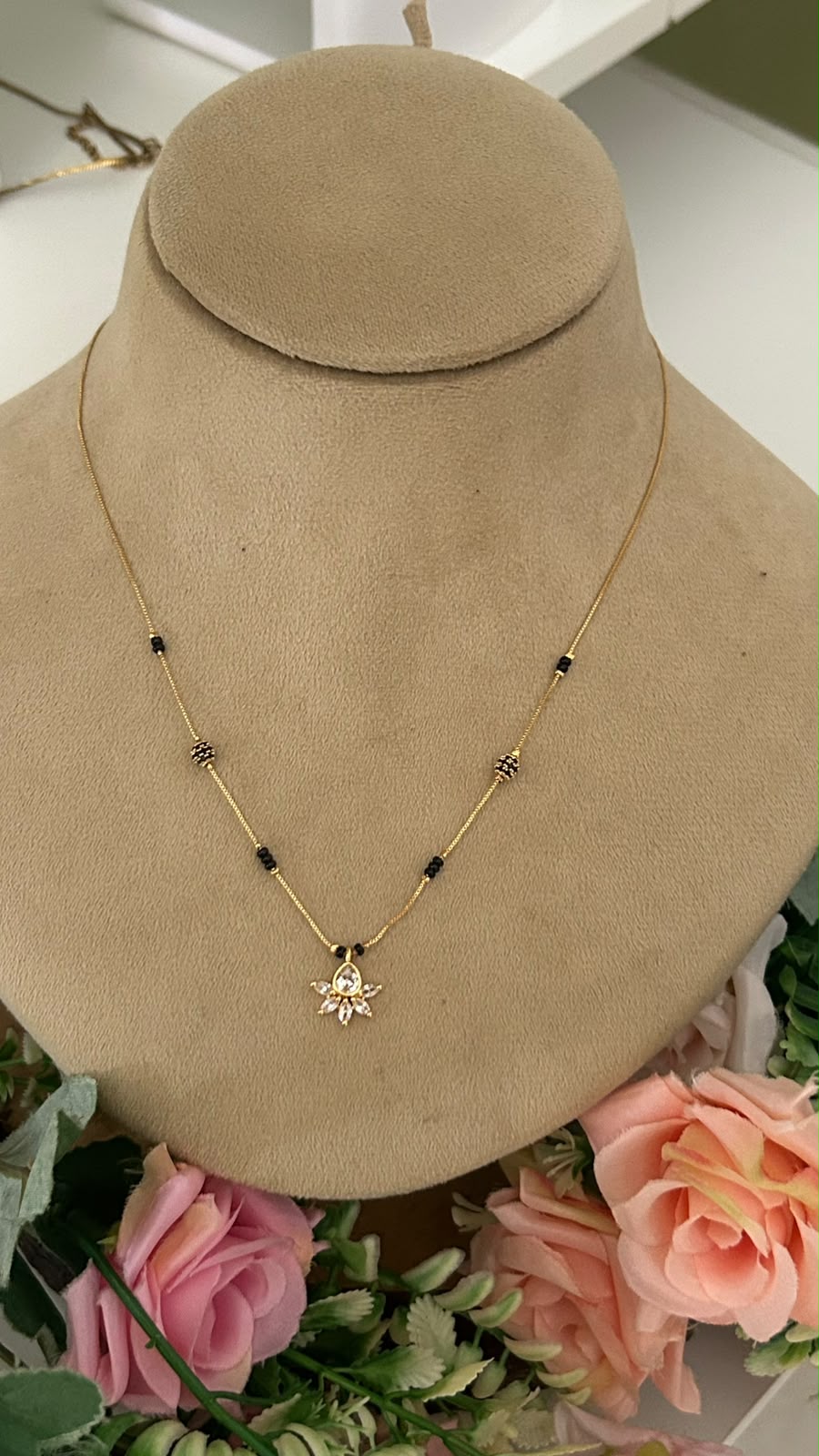 Modern Minimalist Black Beads Short Mangalsutra with Crystal Lotus Burst