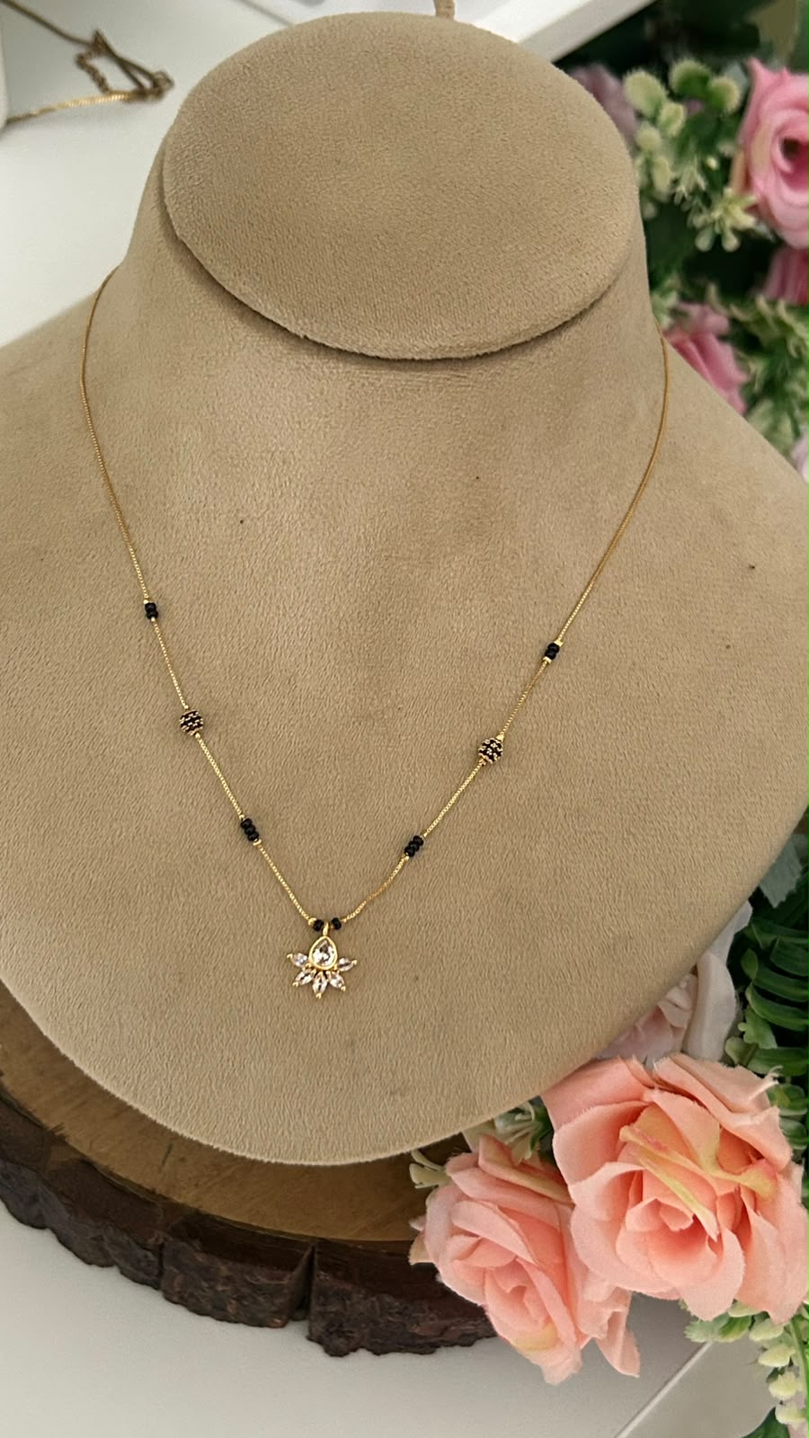 Modern Minimalist Black Beads Short Mangalsutra with Crystal Lotus Burst