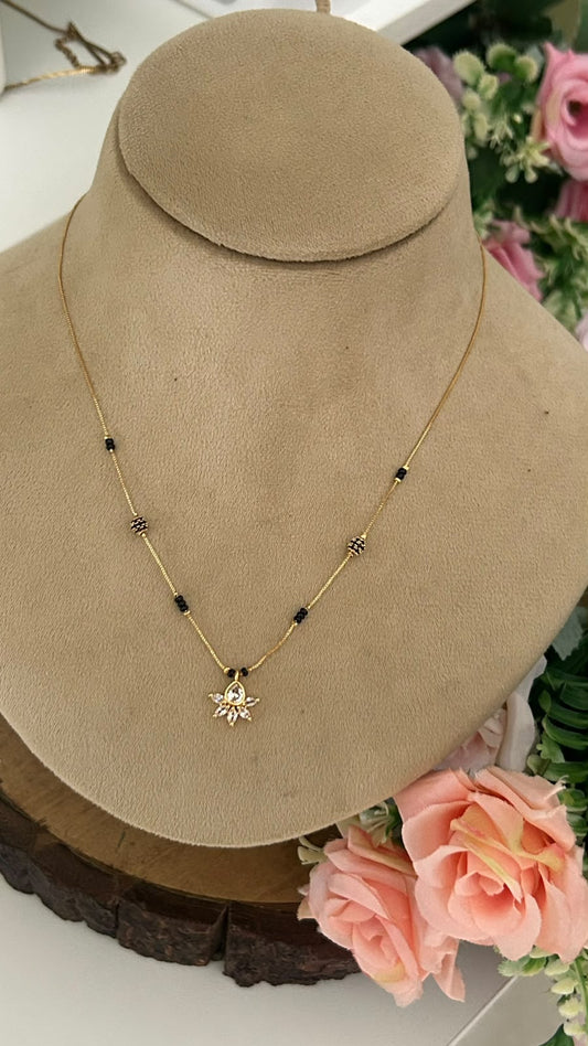 Modern Minimalist Black Beads Short Mangalsutra with Crystal Lotus Burst