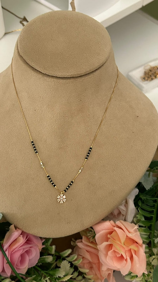 Modern Minimalist Black Beads Short Mangalsutra with Crystal Flower Pendant