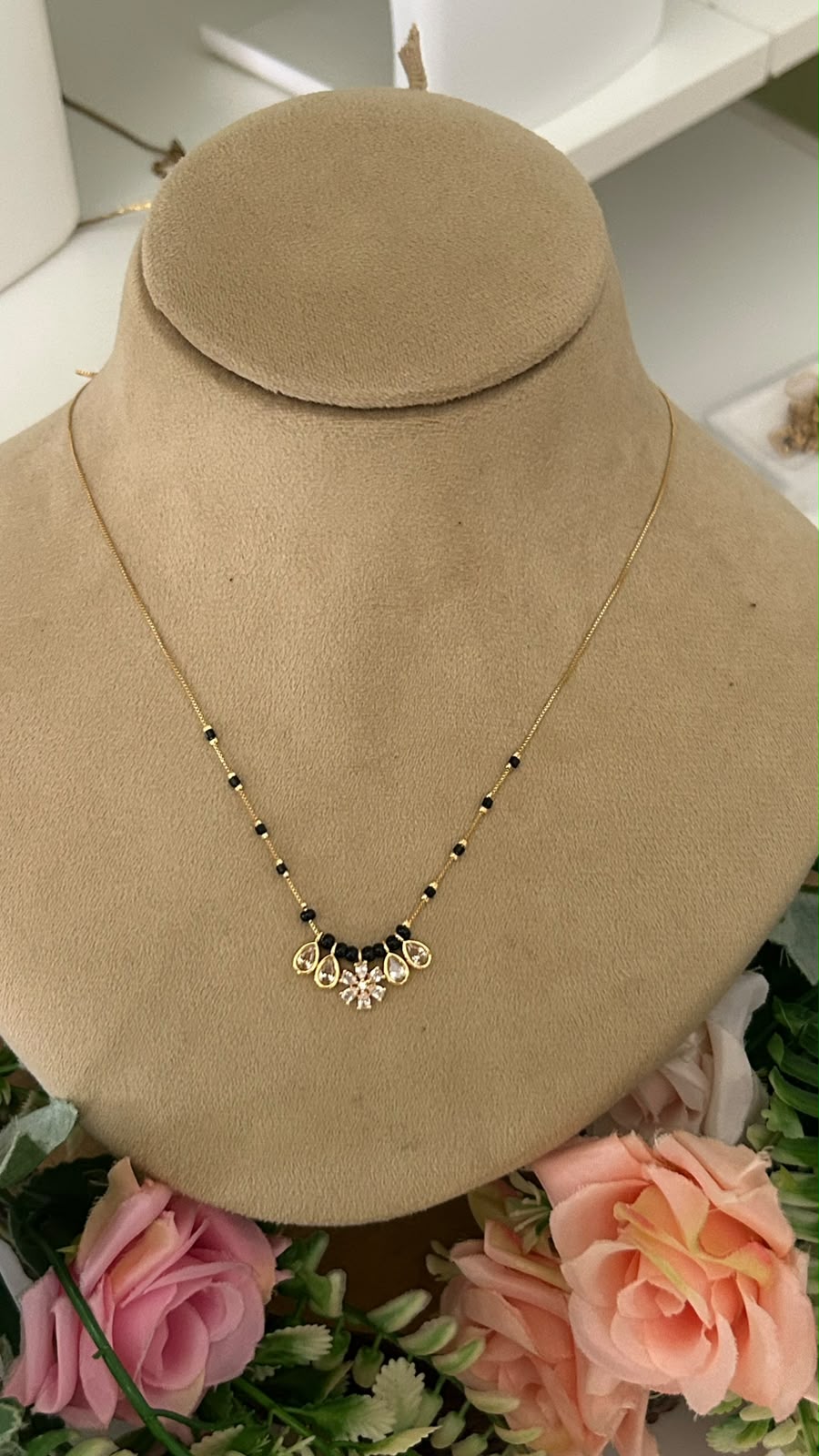 Modern Minimalist Black Beads Short Mangalsutra with Crystal Flower & Drops