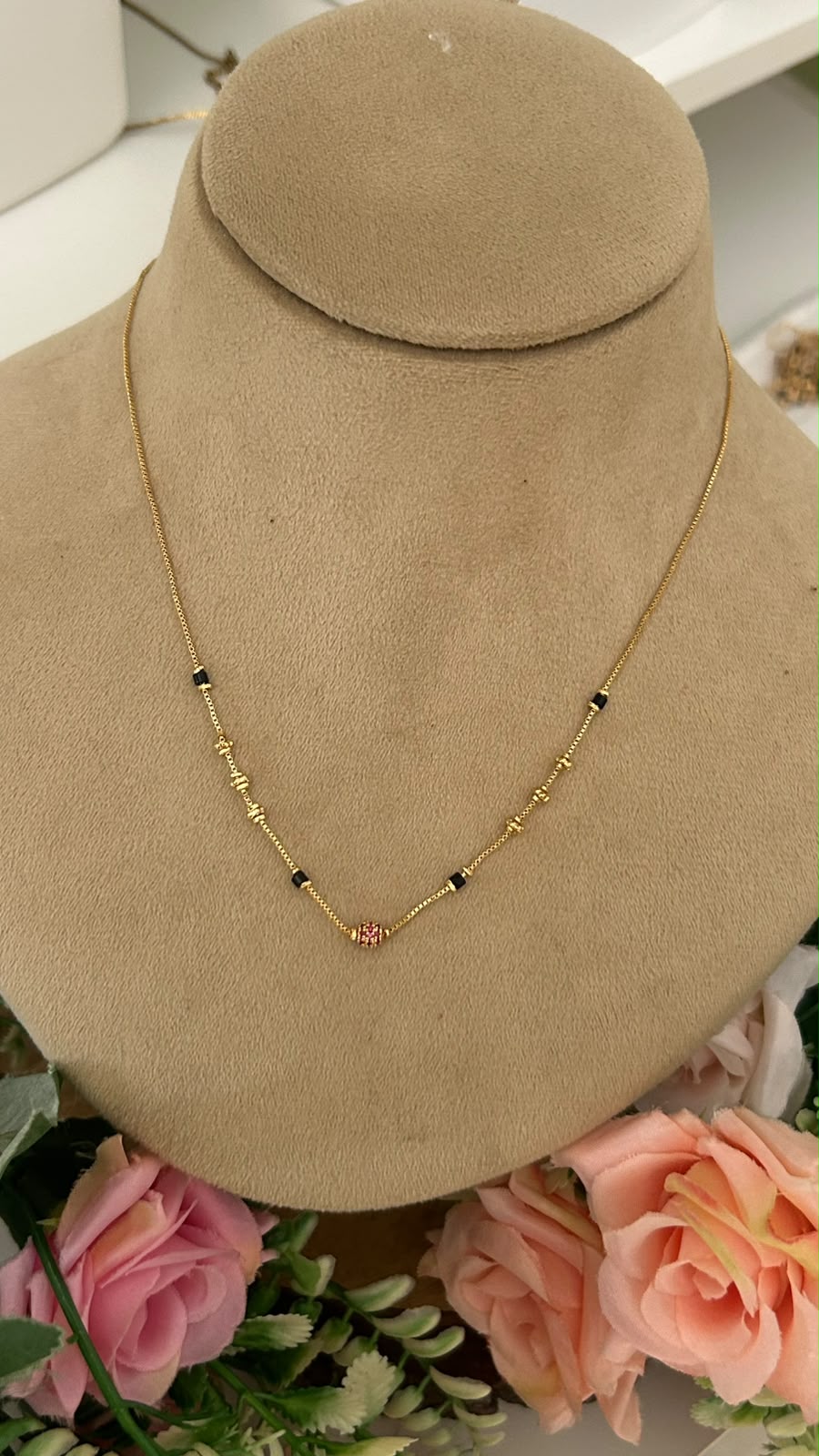 Modern Minimalist Black Beads Short Mangalsutra with Ruby Spacer